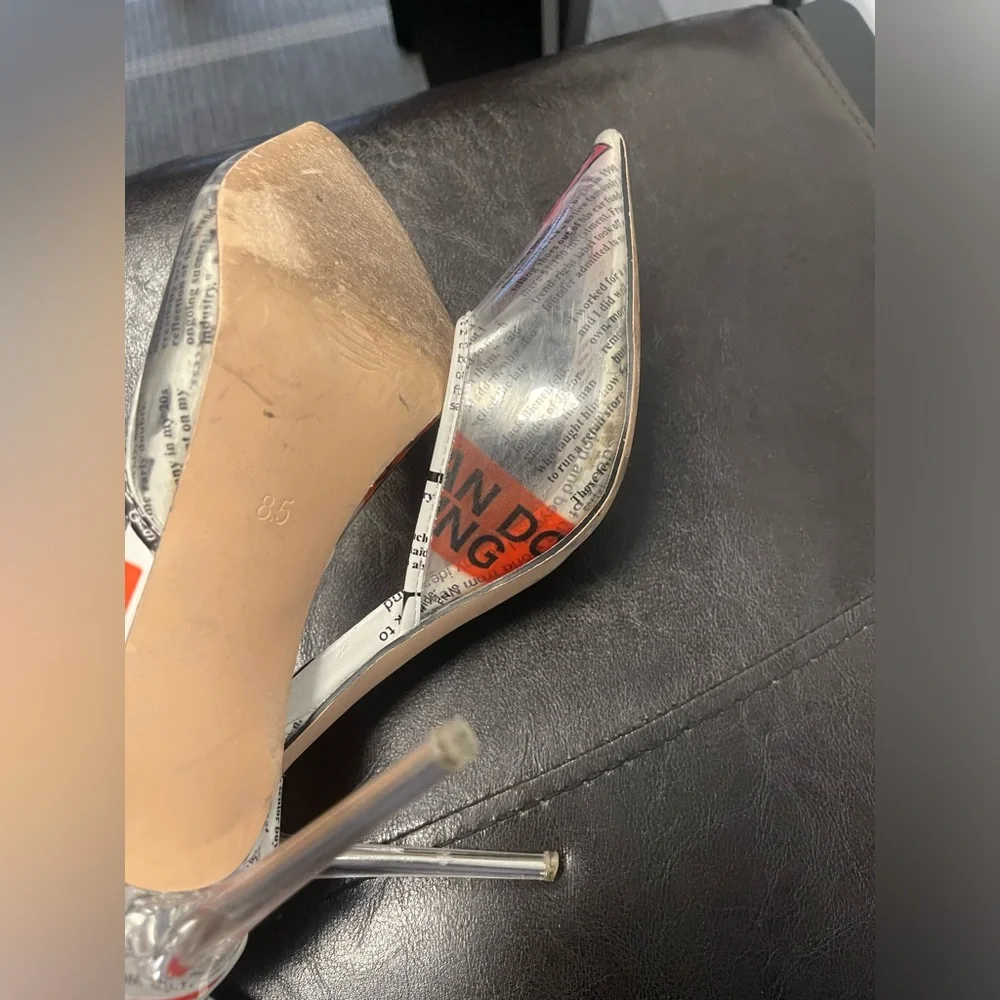 Steve Madden Alessi Newspaper Print Ankle Strap Clear heels Pumps Size 8.5